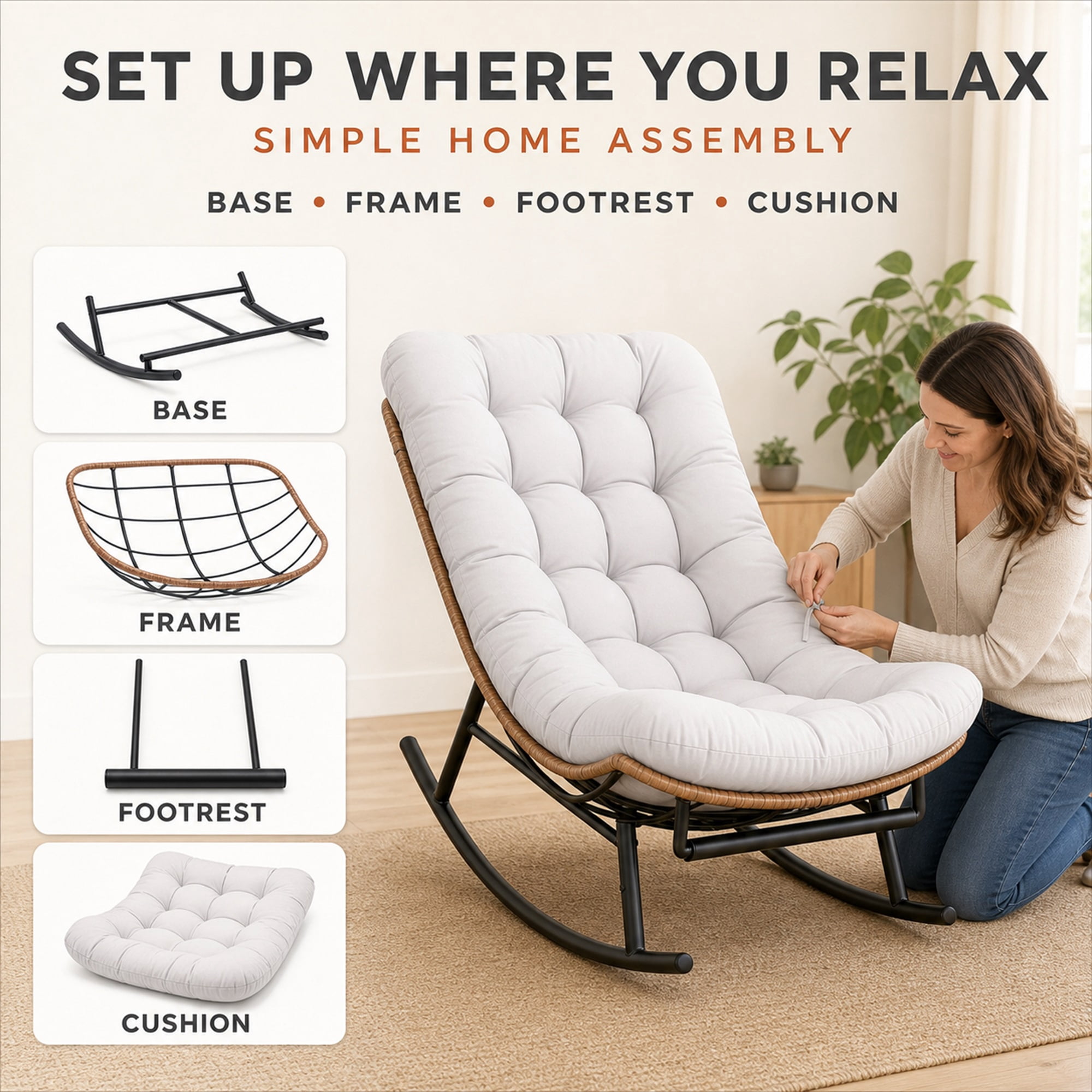 CLOUDREST PRO Outdoor Papasan Rocking Chair with Retractable Footrest, Oversized Wicker Patio Lounge Rocker with Thick Cushion and Steel Frame, 450 lb Capacity, Indoor Outdoor, Beige