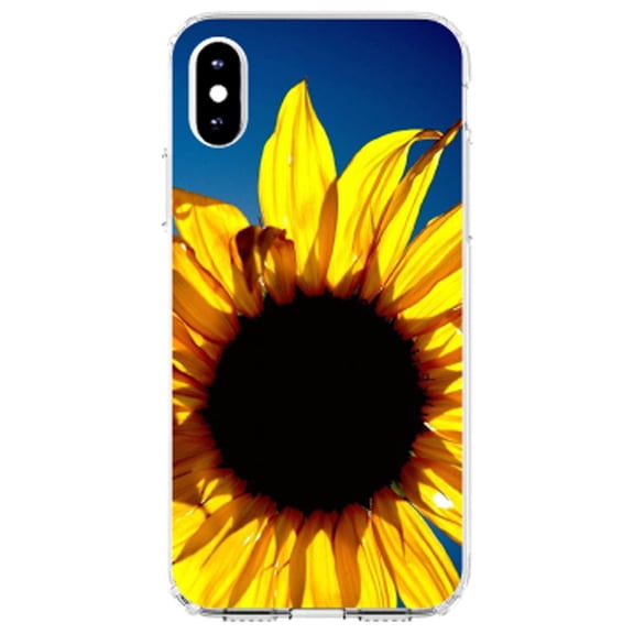 DistinctInk Clear Shockproof Hybrid Case for iPhone XS Max (6.5" Screen) - TPU Bumper, Acrylic Back, Tempered Glass Screen Protector - Blue Yellow Sunflower Sky