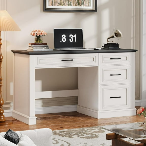 Vabches Farmhouse Wood 47" Executive Desk, Home Office Computer Desk with Charging Station and File Drawer