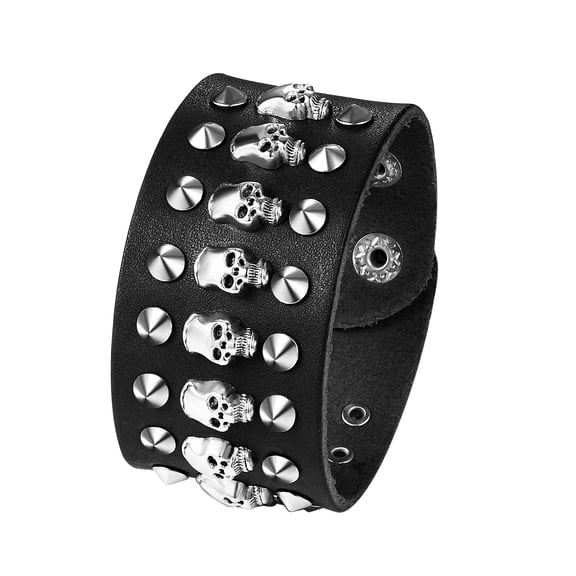 Avaner Punk Leather Bracelet for Men: Adjustable Wide Braided Bangle Cuff Bracelet Gothic Skull Wrap Bracelet Jewelry