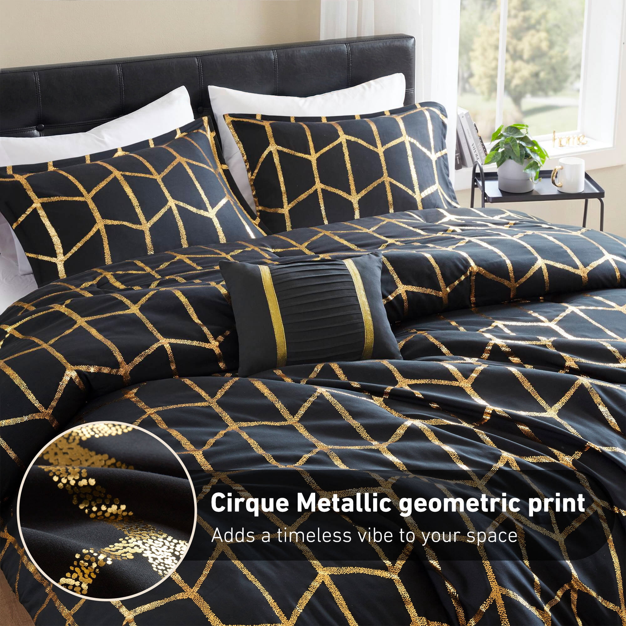 Regency Heights Twin/Twin XL Size Comforter Set, 3-Piece Bedding Set for All Seasons, Geometric Metallic Comforter Bed Set with Decor Pillows,Black/Gold