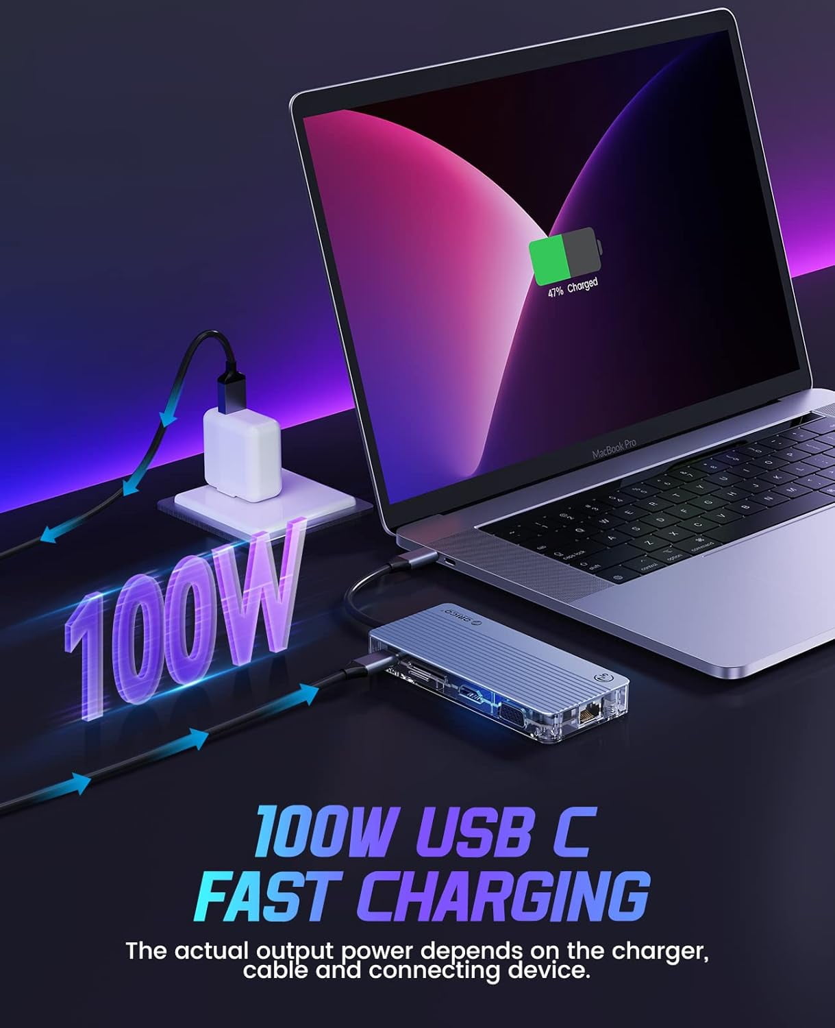 ORICO USB C Docking Station, 6 in 1 Type C Transparent Dock Adapter USB 3.0 5Gbps Ports,4K HDMI,RJ45 Ethernet, Type-C Multiport 100W Power Surply for Laptop/PC/iPaid,Gray
