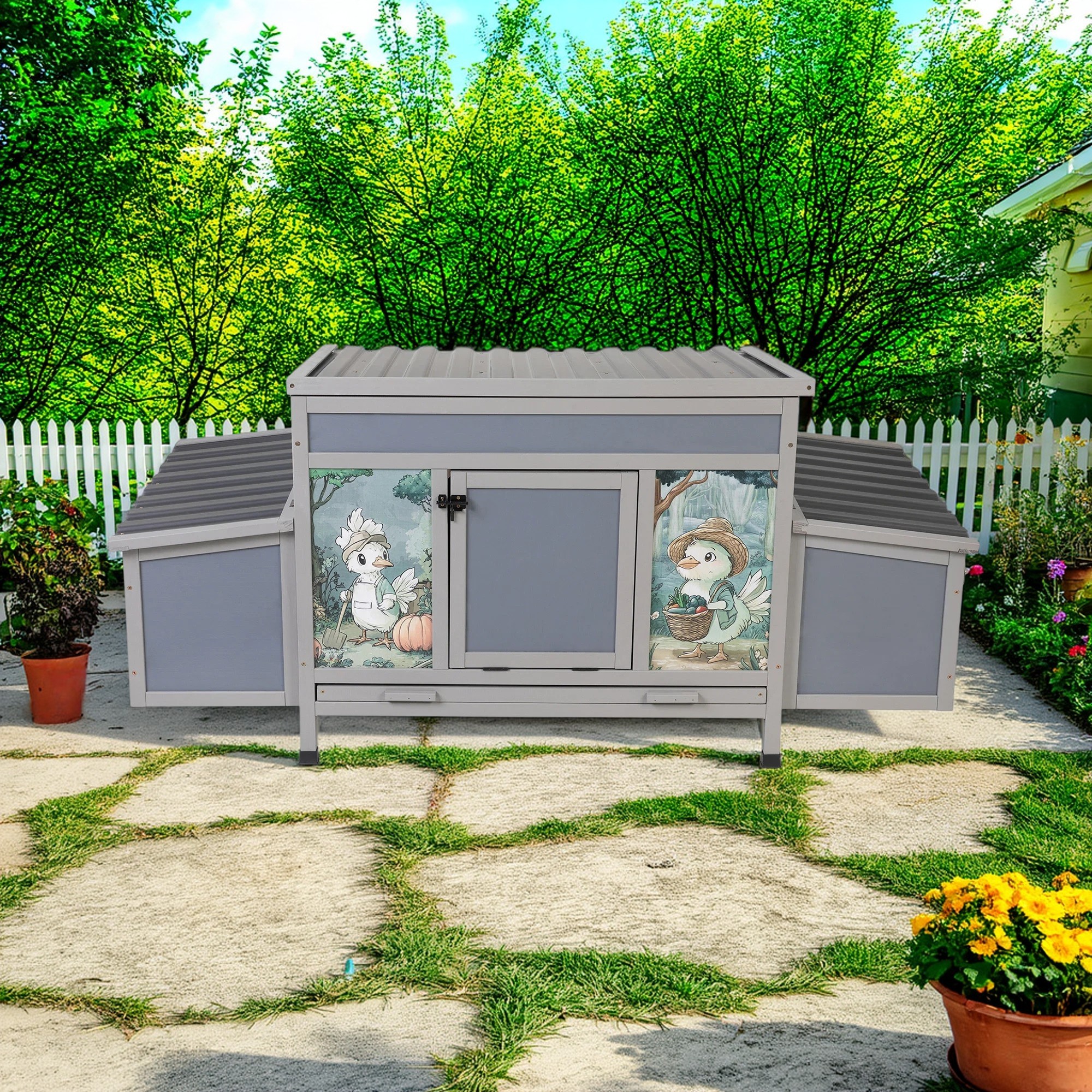 Pefilos 58" Wooden Rabbit Hutch Outdoor & Waterproof Guinea Pig Hutch with Egg Carton and Pull-Out Drawer, Gray