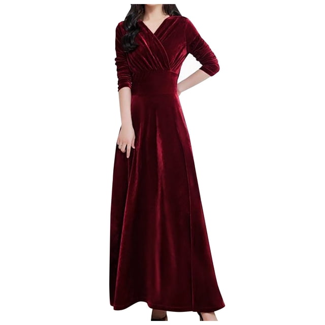 Vestido largo de terciopelo de manga larga para mujer - Vestido largo ajustado de corte A para fiestas de invierno, tallas M-XXXXL