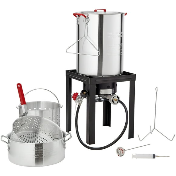 KFFKFF Deep Fryer for Turkey, Set of 30-qt Poultry and 10-qt Fish Steamer Cooker, Outdoor Seafood Frying Pot made of Aluminum, Propane Gas Boiler with 54,000 BTU Burner, Comes with Baskets