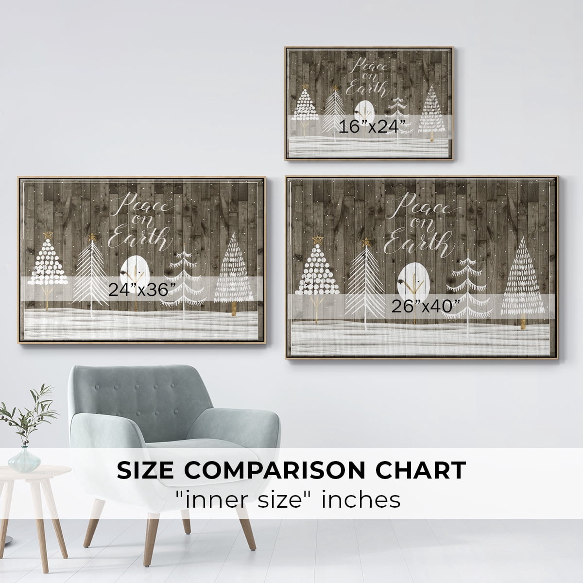 Wooded White Christmas Collection A - Framed Gallery Wrapped Holiday Canvas - 17 x 25 - Natural Wood Frame