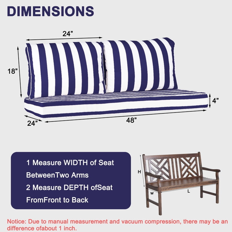 Outdoor Loveseat Cushions Set 48" x 24" Water Repellent & Fadeness Patio Furniture Cushions with Removable Cover and Ties, Patio Love Seat Sofa Cushions for Porch Garden Chair （Blue white stripes）