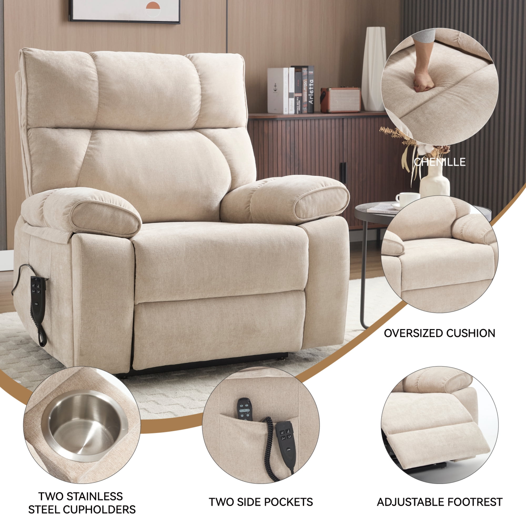 Leumius Large Electric Power Lift Recliner Chair for Elderly,23.5" Extra Wide Seat Recliners Single Sofa with Vibration Massage and Lumbar Heating,Dual Motor,Infinite Position,Beige+Chenille