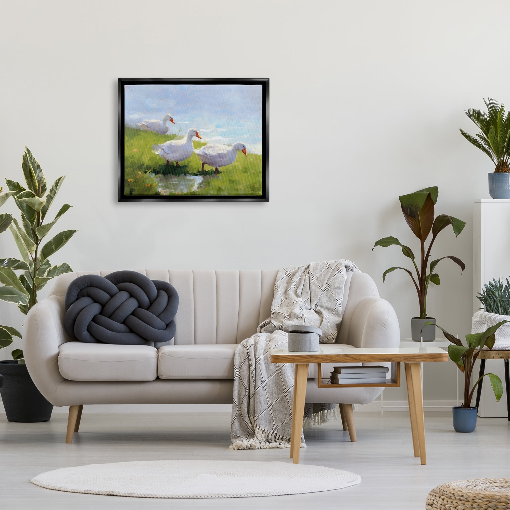 Stupell Industries Three Ducks Landscape Animals & Insects Painting Black Floater Framed Canvas Art Print Wall Art, 31 x 25