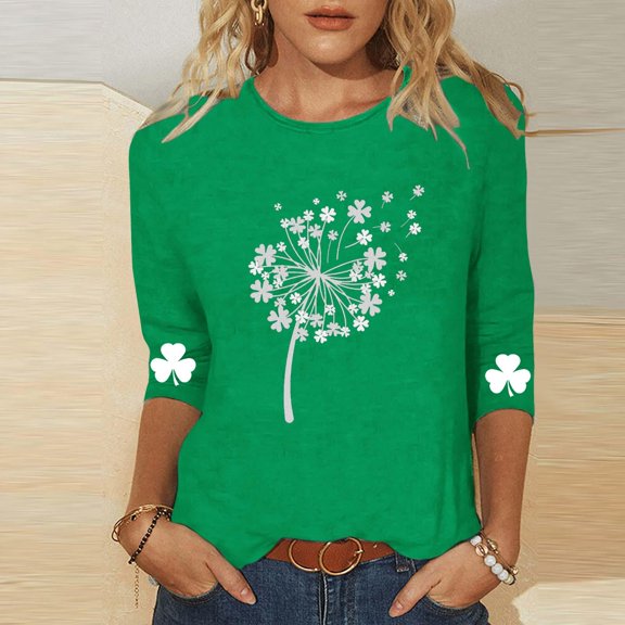 ICHUANYI Womens 3/4 Sleeve St. Patrick's Day Printed T-Shirts Crew Neck Spring Graphic Tee Tops Round Neck Top Shirt