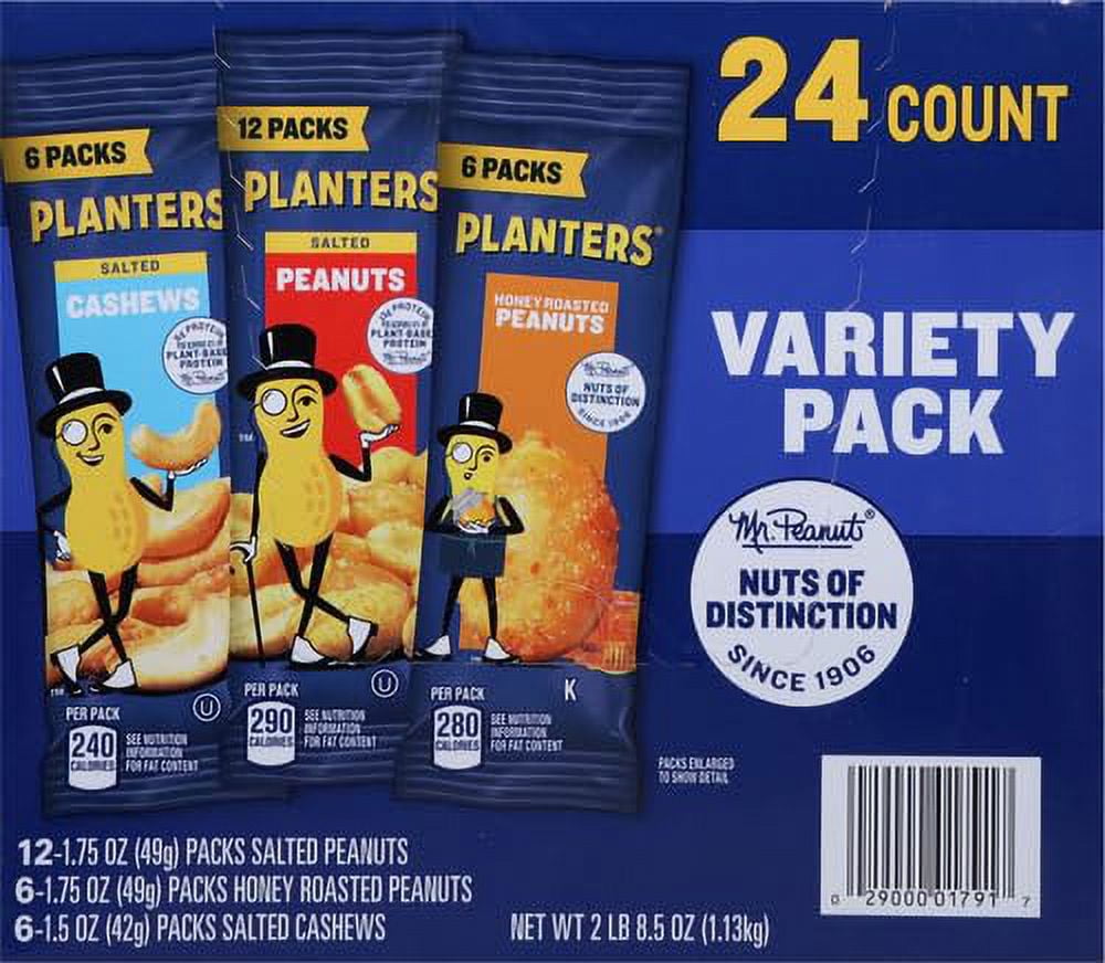 PLANTERS Variety Packs (Salted Cashews, Salted Peanuts & Honey Roasted Peanuts), 24 Packs - Individual Bags of On-the-Go Nut Snacks - No Cholesterol or Trans Fats - Source of Fiber and Healthy Fats