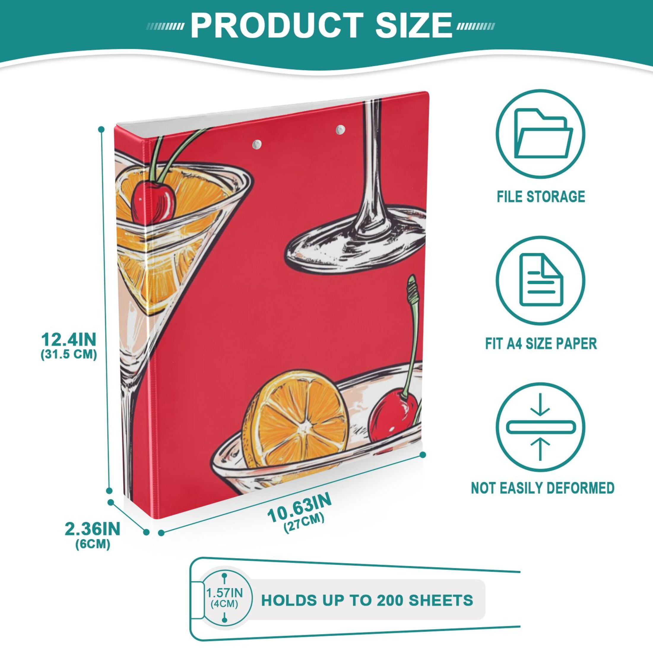 Glasses with Orange Slices 3 Ring Binders 1.5 inch Hardcover File Folders with Interior Pockets A4 Size Organizer for School Office Hospital