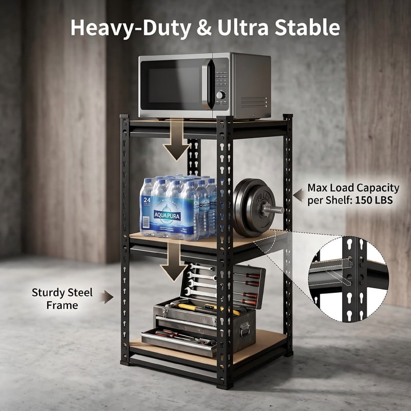 3-Tier Heavy Duty Storage Shelf, Adjustable Metal Shelving Unit with MDF Board, Boltless Tool-Free Assembly Utility Rack for Kitchen, Pantry, Small Spaces, 450 LBS Capacity, Black