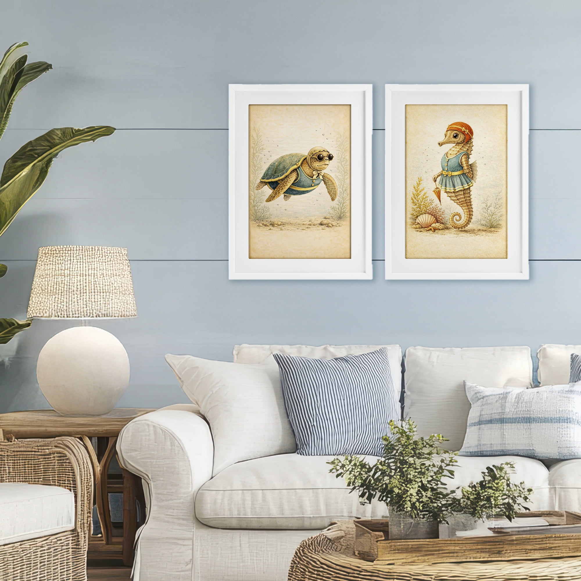 Stupell Industries Vintage Maritime Bathing Animals 2 Piece White Framed Print Under Glass Set, design by Grotto Studios