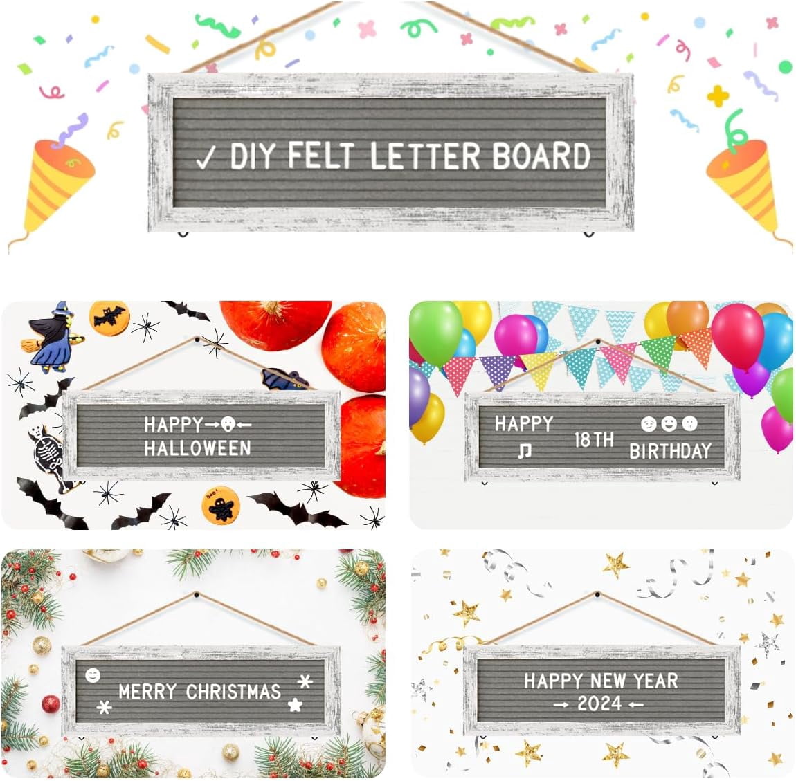 CJIAWYS Picture Frames Hanging Display Wooden Board, Felt Letter Board with 340 Letters and 15 Clips, Photo Frames Collage Wall Decor for Family Birthday Christmas Party Gifts