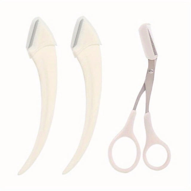 Eyebrow Trimmer Set, Curved Eyebrow Razor, Eyebrow Scissors With Comb, Convenient Easy Beauty Tools For Beginners,3Pcs White