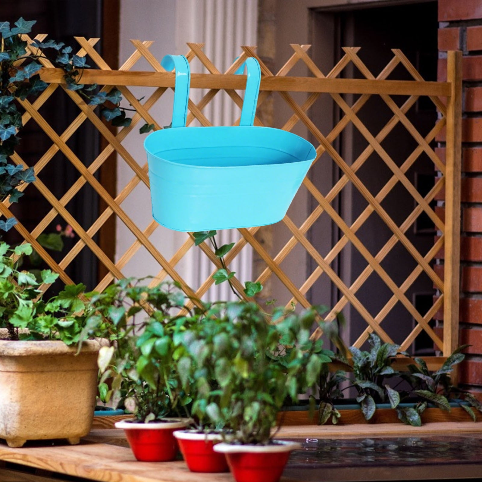 Large Iron Hanging Planters - Countryside Style Wall Mount Flower Pots for Railings & Fences | Indoor/Outdoor Metal Bucket Holder with Removable Hooks