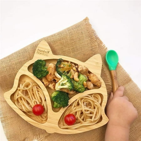 - Baby Feeding Bamboo Spill Proof Stay Put Suction Divided Plate + Baby Spoon ,Great Baby Gift Set