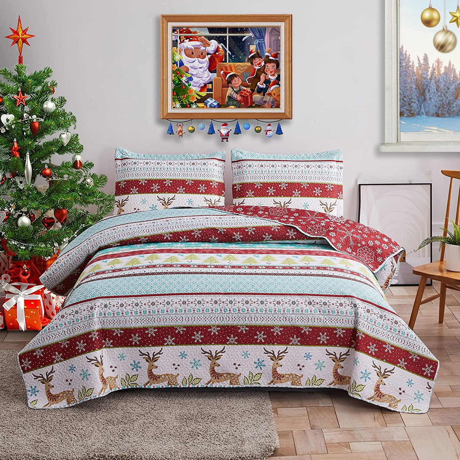 Jessy Home Christmas Bedding Queen/Full Size Red Deer Quilt Microfiber