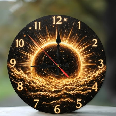 Golden Sunburst Clock Wall Decor Home Art 10 Inch Silent Wooden Wall Clock, Battery Operated (AA photo Golden Sunburst Clock Wall Decor Home Art 10 Inch Silent Wooden Wall Clock, Battery Operated (AA