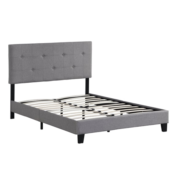 Full Upholstered Platform Bed Frame Button Tufted Linen Headboard Wood Slats No Box Spring Gray