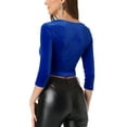 thumbnail image 3 of INSPIRAR CHIC Blusa de terciopelo recortada de manga 3/4 con escote en V para mujeres L Azul Real, 3 of 6