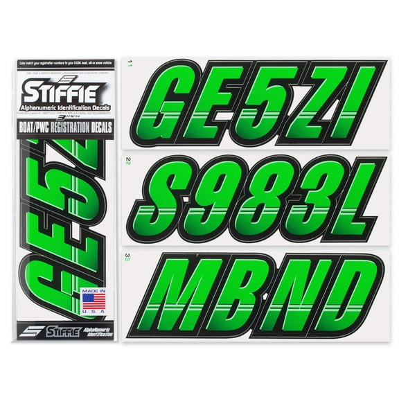 STIFFIE Techtron Electric Green/Black 3" Alpha-Numeric Identification Custom Kit Registration Numbers & Letters Marine Stickers Decals for Boats & Personal Watercraft PWC