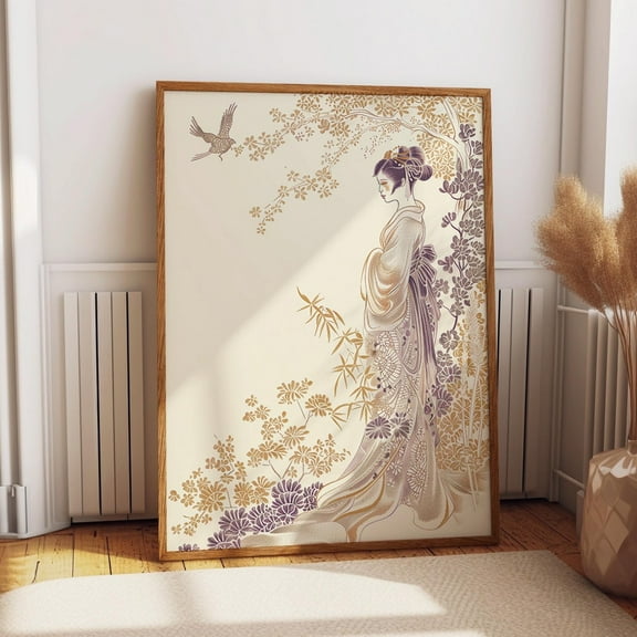 Japanese Geisha Poster - Minimalist Floral Art With Soft Gold And Purple Tones - Oriental Style Wall Art, Modern Wall Decor, 8x12 UNFRAMED