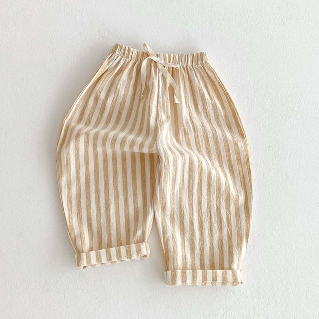 Pantalones largos de verano para niños, pantalones casuales a rayas, pantalones de playa con cintura elástica, pantalones de algodón para niñas