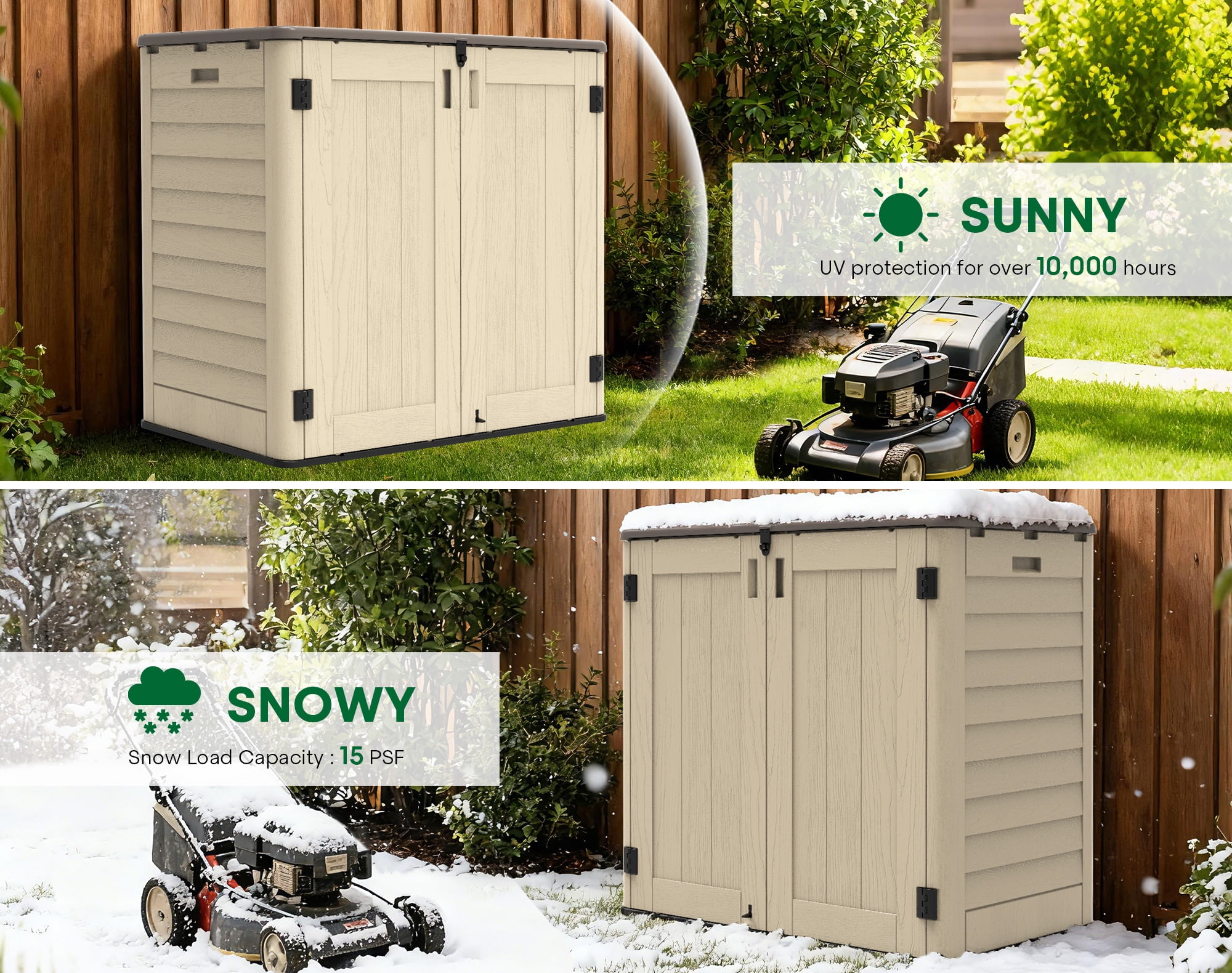 EVOKEDEN 30 Cu.Ft Outdoor Storage Shed, Multi-Purpose Weather-Resistant Utility Shed for Garbage Cans w/ Pad-Lockable Doors Khaki