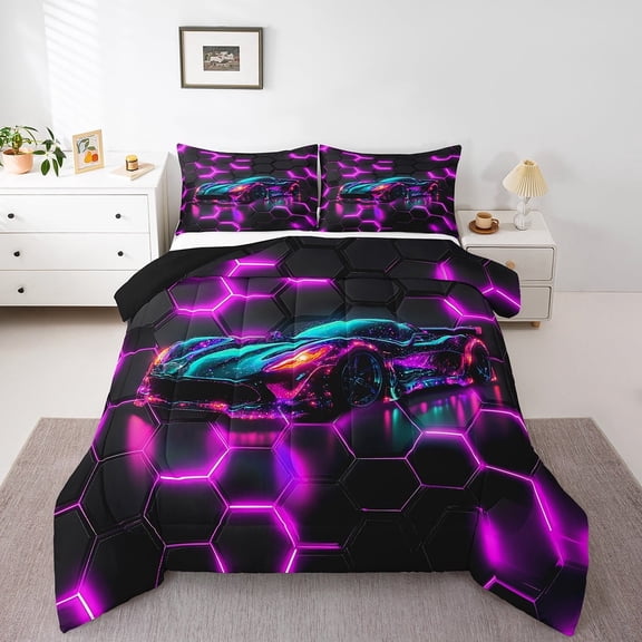 Erosebridal Racing Car Bedding Twin Comforter Set,Geometric Honeycomb Down Comforter,Black Purple Bedding Sets Twin with Comforter,Super Cozy Sport Room Decoration,Reversible,3pcs