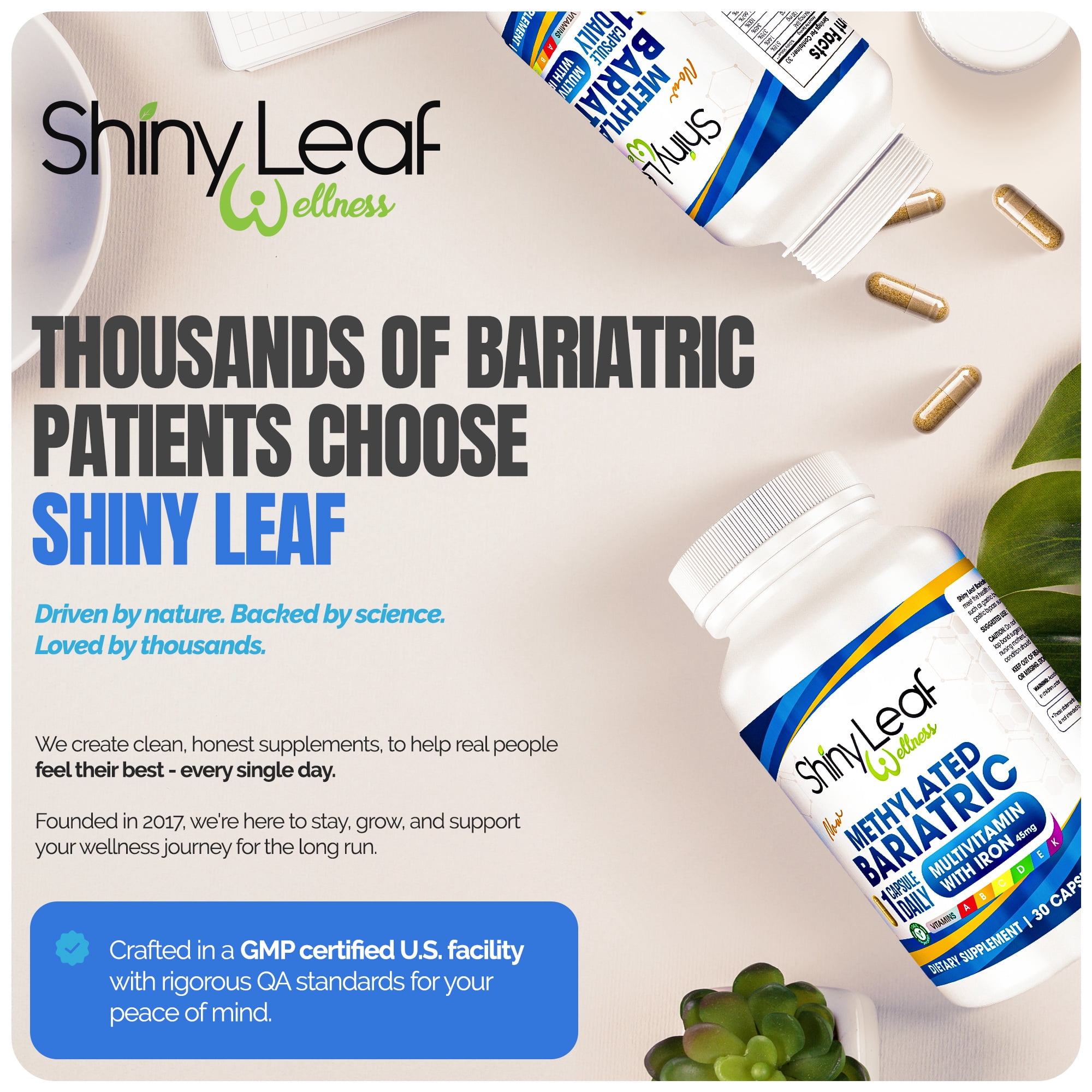 Shiny Leaf Methylated Bariatric Multivitamin with Iron - 45 mg for Gastric Bypass, Sleeve Gastrectomy, Roux-en-Y, Duodenal Switch - 22 Vitamins & Minerals, ASMBS Compliant, Made In USA, GMP, 60 Ct.