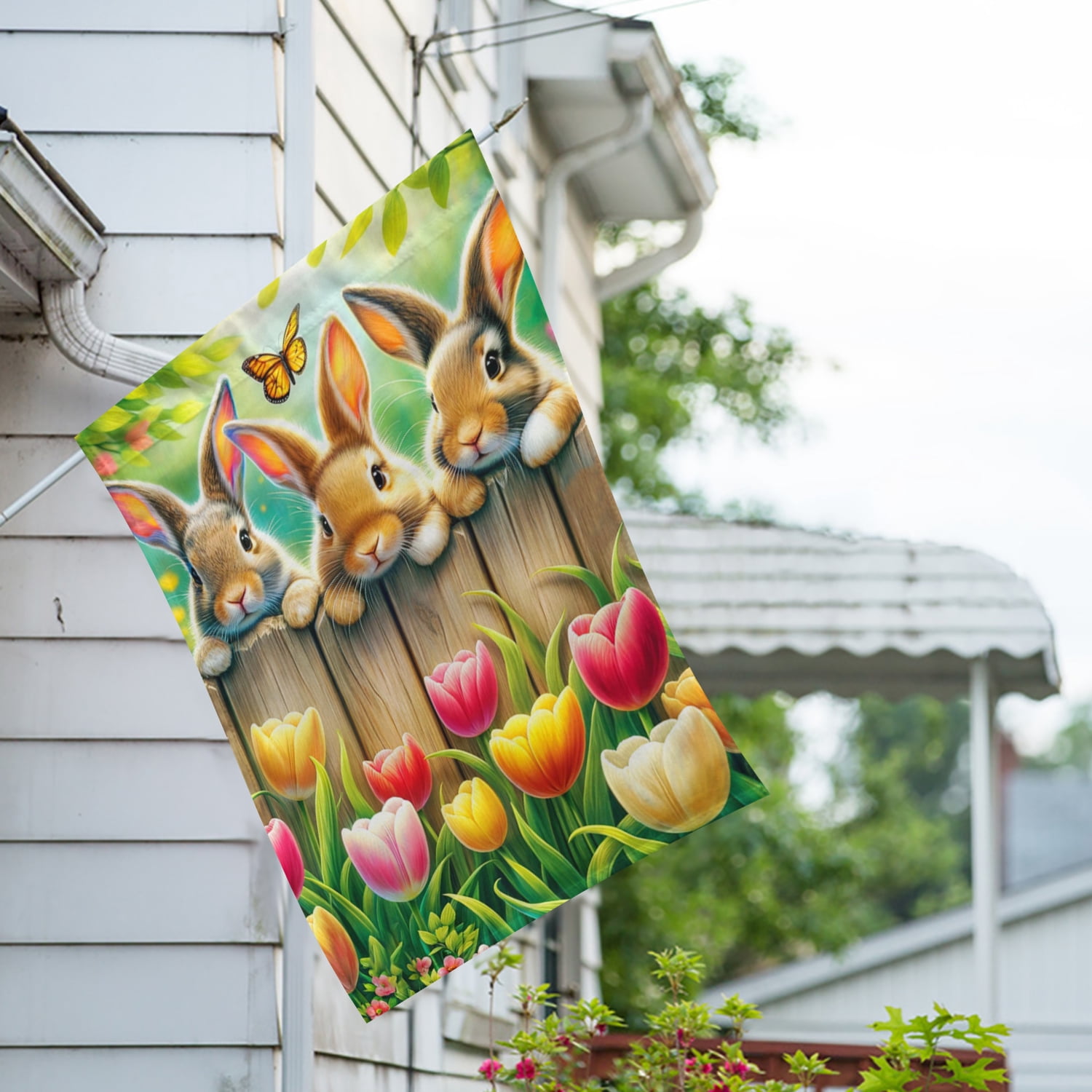 America Forever Bunnies Spring House Flag, 28” x 40” Double Sided, Spring Summer Easter Day Flags, Three Cute Bunnies Tulip Garden and Butterflies, for Outdoor Patio and Home Decoration