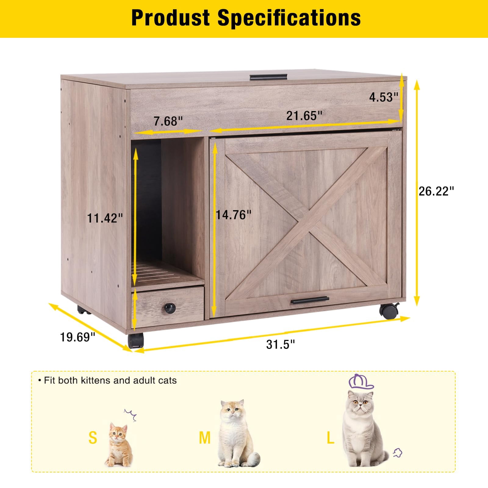 Aivituvin Cat Litter Box Enclosure Cabinet,Flip Top Hidden Litter Box Furniture,Indoor Wooden Covered Cat House with Drawer,Wheels