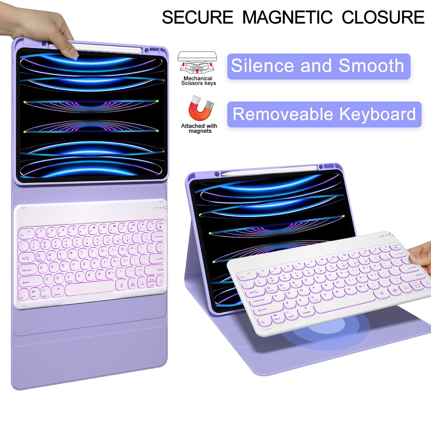 iPad Pro 12.9 6th/5th/4th Generation Case with Keyboard(2022/2020/2021), 360°Smart Protective Folio Cover with Magnetic Detachable Wireless Keyboard, Built-in Pencil Holder (Purple)