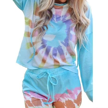 

Sexy Silk Pajamas For Womens Nightgown Fashion Long Sleeve Tie-Dye Printing Set Loose Sleepwear Night Shirts For Women s Sleepwear