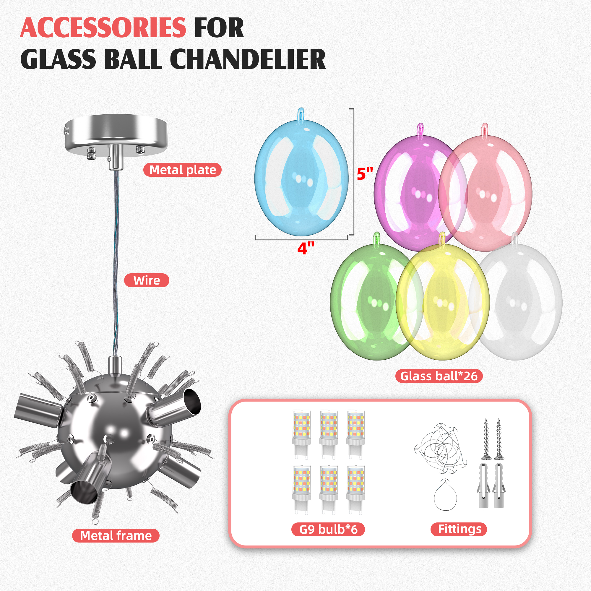 Longree Color Glass Bubble Ball Chandelier, Blown Glass Pendant Light Fixture - 18x16 inch