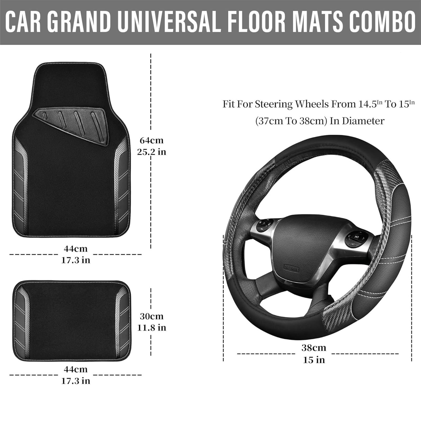CAR GRAND Leather Steering Wheel Cover and Waterproof Carpet Car Floor Mats,Universal Fit Combo Pack Sedan,SUV,Cars, 14.5" to 15" Sporty Anti-Slip Black