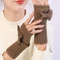 thumbnail image 2 of 1 Pair Fingerless Bowknot Decor Women Gloves Autumn Winter Ribbed Cuff Solid Color Knitted Gloves Arm Warmers, 2 of 10