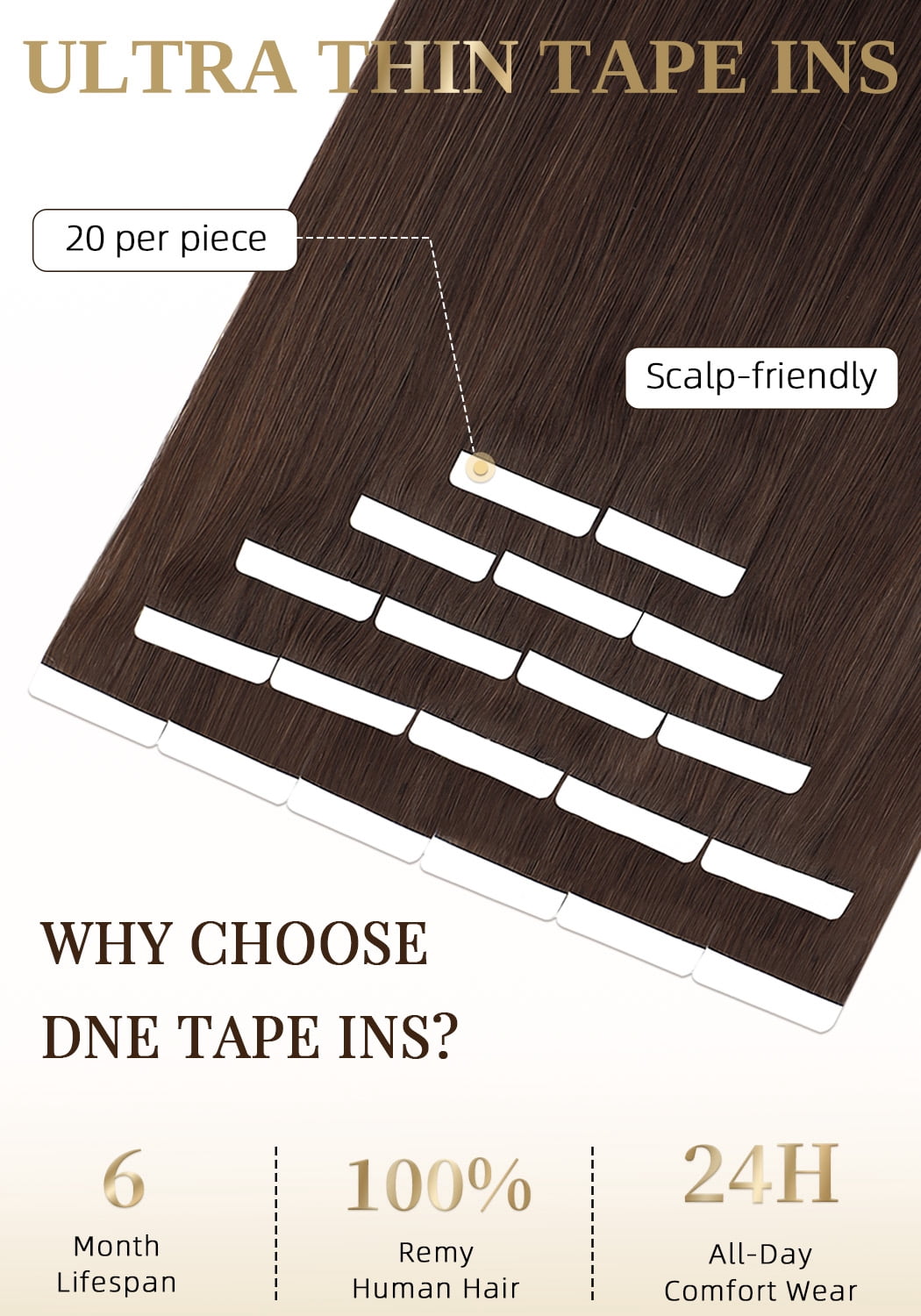 DNE Tape in Hair Extensions Real Human Hair 14 inches 20Pcs/40g/Pack Seamless #2 Dark Brown Dark Color Straight Invisible Double Sided Tape in Hair Extensions for Women/Girls