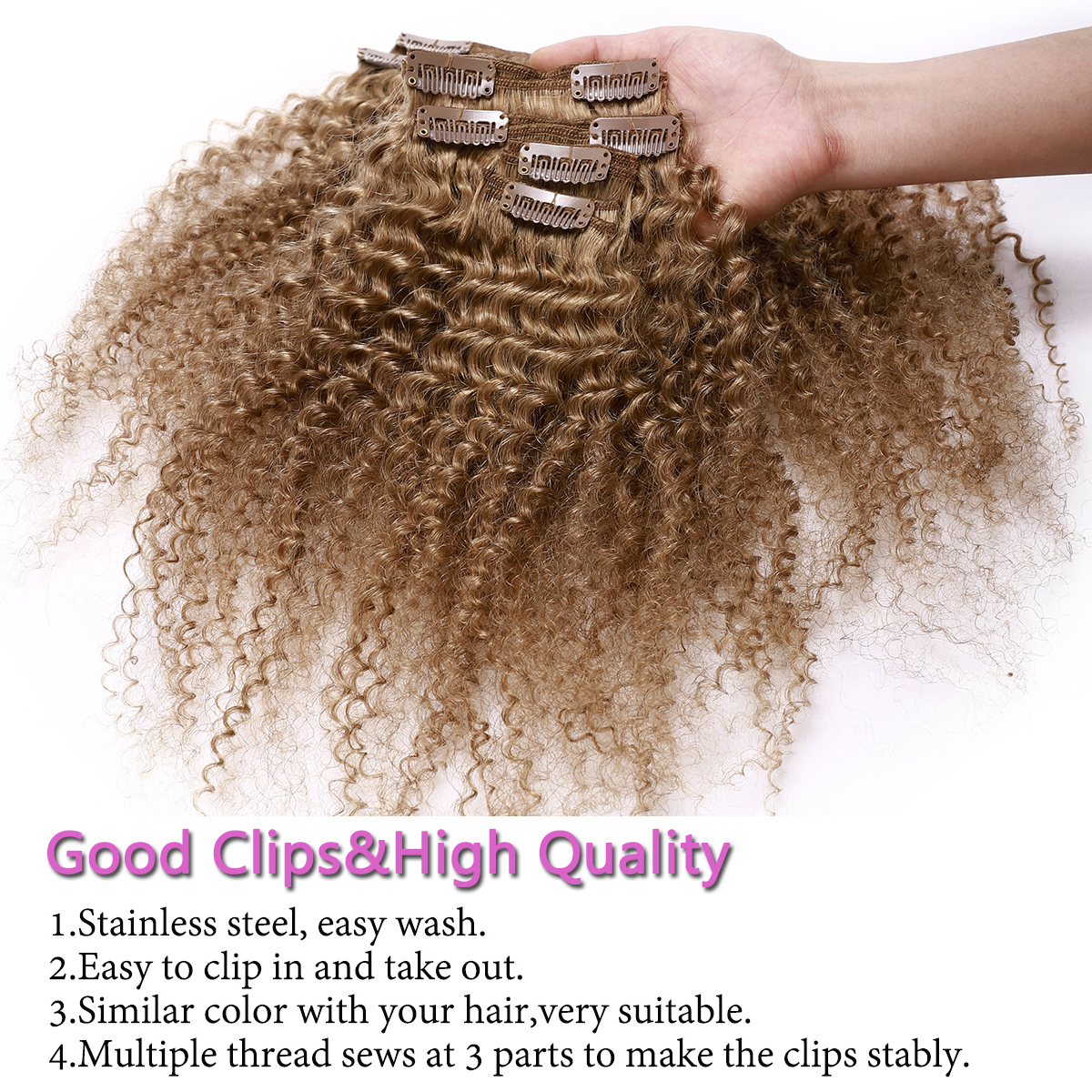 SEGO Kinky Curly Clip in Hair Extensions Real Human Hair for Women Thick Brazilian Hair Natural Black - image 3 of 8