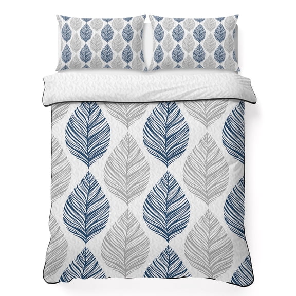 Twin XL Quilt Set 68''x98'', Navy Blue Grey Leaves Lightweight Bedspread Coverlet Set with 2 Pillow Shams, Summer Tropical Plant Breathable All Season Quilt Bedding for Dorm/Guest Room