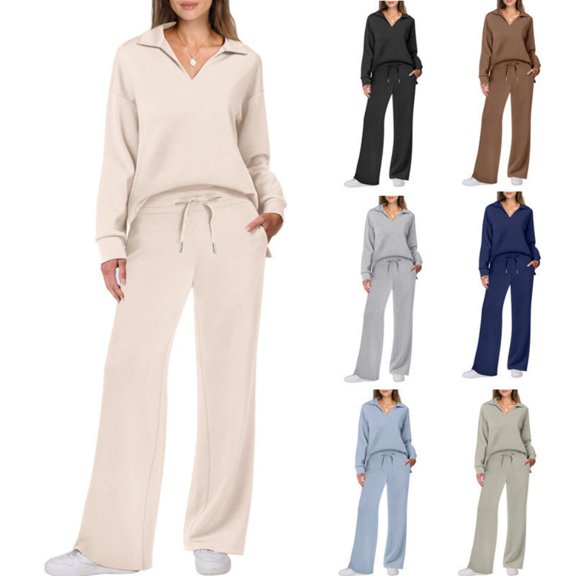 LYMAYTER S-2XL Women Long Sleeve Sets V-Neck Sweatshirt Wide-Leg Joggers Sets Casual Cozy Outfit