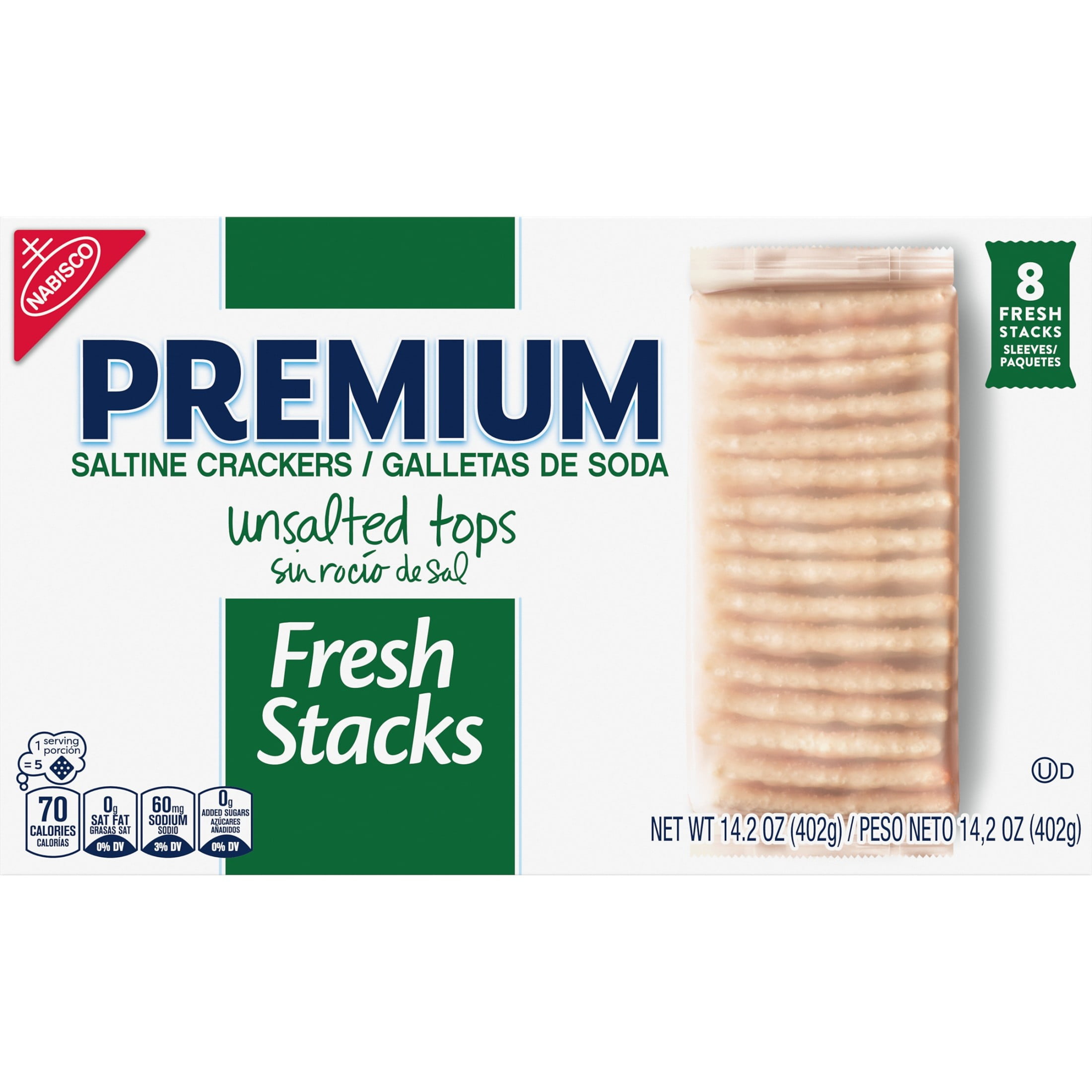 Premium Fresh Stacks Unsalted Tops Saltine Crackers, Travel Snacks, 14.2 oz (8 Multi Snack Packs)