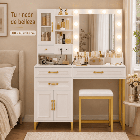 Zocalo Tocador con Espejo Iluminado y Taburete, Tocador de Maquillaje con Estación de Carga Integrada, 3 Cajones, 3 Puertas y 2 Repisas Abiertas, 110 x 40 x 141 cm, Blanco