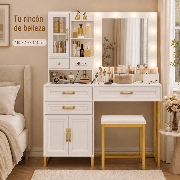 Zocalo Tocador con Espejo Iluminado y Taburete, Tocador de Maquillaje con Estación de Carga Integrada, 3 Cajones, 3 Puertas y 2 Repisas Abiertas, 110 x 40 x 141 cm, Blanco