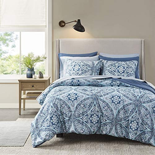 Comfort Spaces Bed in A Bag - Trendy Casual Design Cozy Comforter with Complete Sheet Set with Side Pocket, All Season Cover, Matching Shams, Full(80"x90"), Gloria, Damask Blue 9