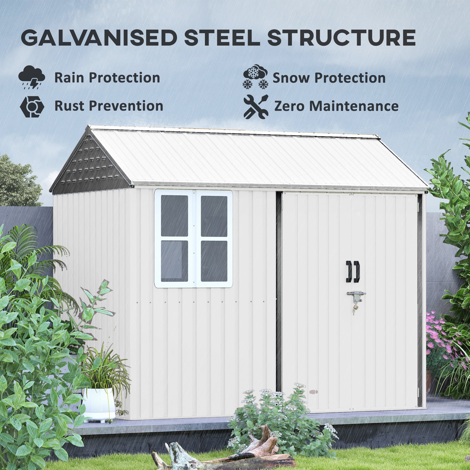 Outsunny 8' x 6' Outdoor Storage Shed, Extra Large Metal Garden Shed with Lockable Doors, Cottage Style 4-Pane Window & Vents, White