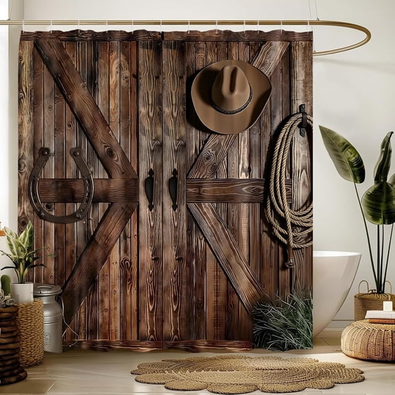 Western Barn Door Shower Curtain, Rustic Farmhouse Horseshoe Bath Curtain, Country Bathroom Decor, Waterproof Polyester Fabric with Hooks 36"W x 72"H