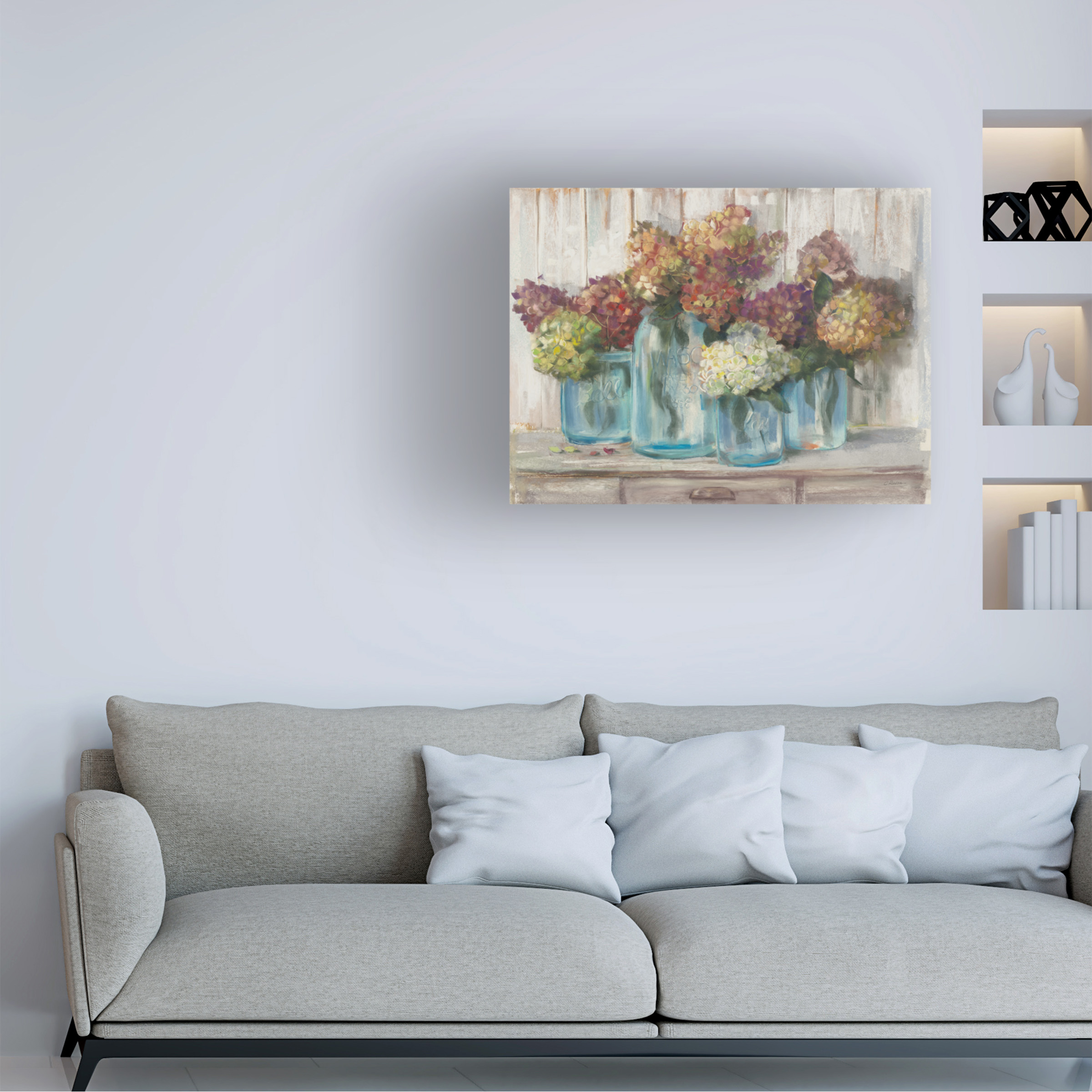 Trademark Fine Art 'Hydrangeas in Glass Jars White Wood' Canvas Art by Carol Rowan